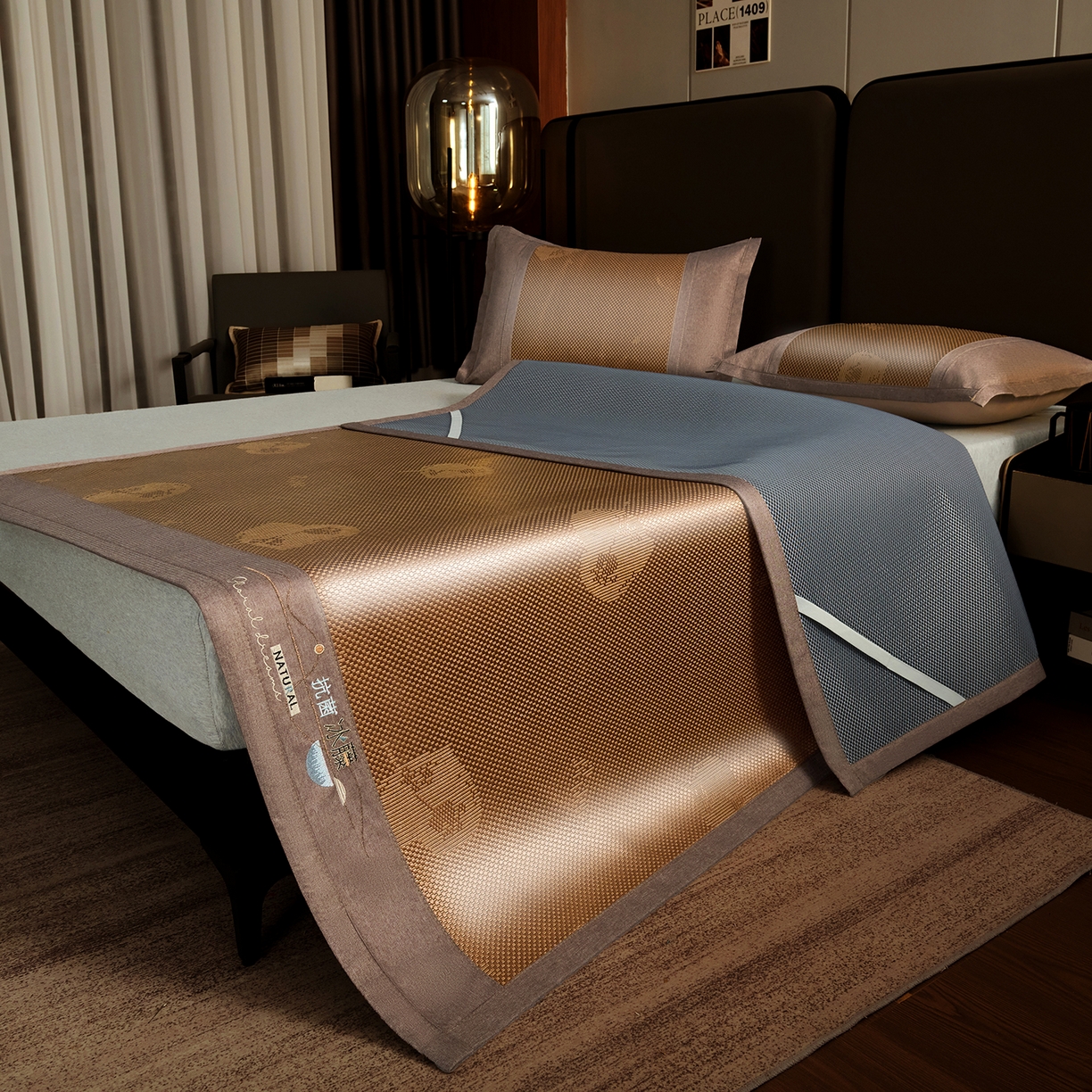 91家纺网 家纺一手货源 找家纺 步步高席业 2026新款3D复合防滑冰藤席凉席三件套-爱心系列 爱心 咖