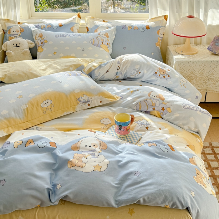 91家纺网 家纺一手货源 找家纺 U品汇 2026新品纯棉全棉印花四件套小清新卡通花卉13070喷气 汪汪宇航记