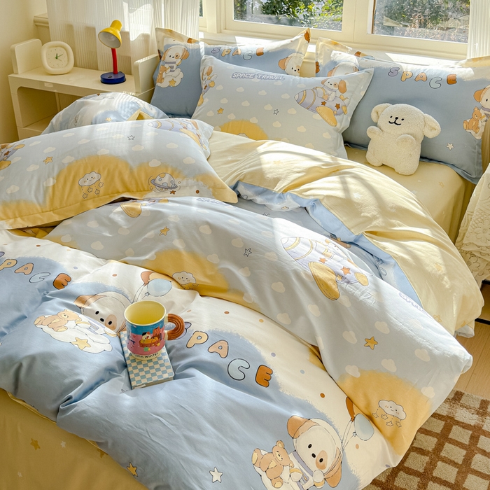 91家纺网 家纺一手货源 找家纺 U品汇 2026新品纯棉全棉印花四件套小清新卡通花卉13070喷气 汪汪宇航记