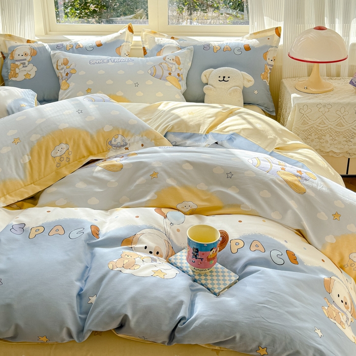 91家纺网 家纺一手货源 找家纺 U品汇 2026新品纯棉全棉印花四件套小清新卡通花卉13070喷气 汪汪宇航记