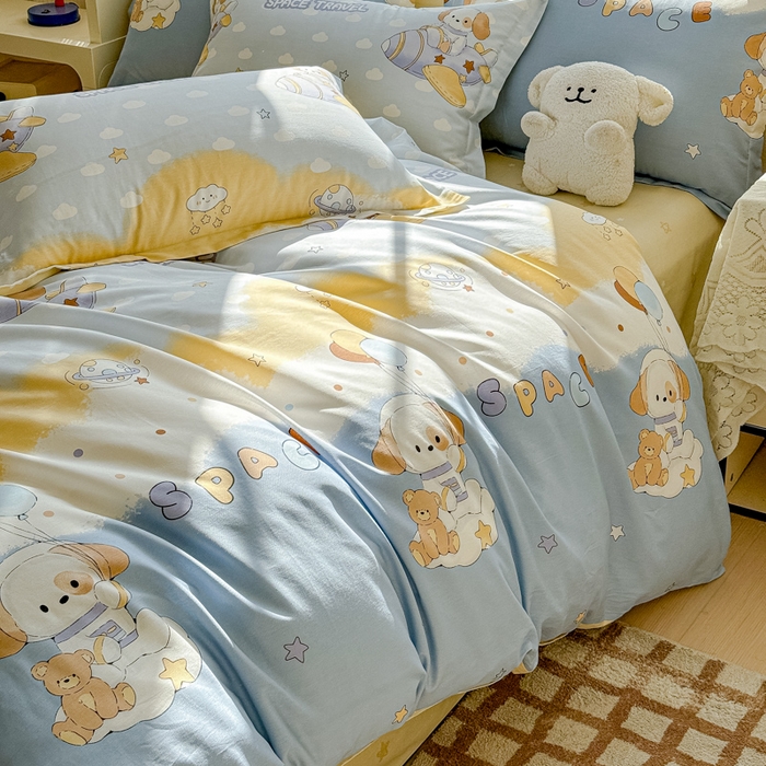 91家纺网 家纺一手货源 找家纺 U品汇 2026新品纯棉全棉印花四件套小清新卡通花卉13070喷气 汪汪宇航记