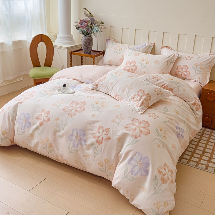 91家纺网 家纺一手货源 找家纺 U品汇 2026新品纯棉全棉印花四件套小清新卡通花卉13070喷气 雾里花眠-粉