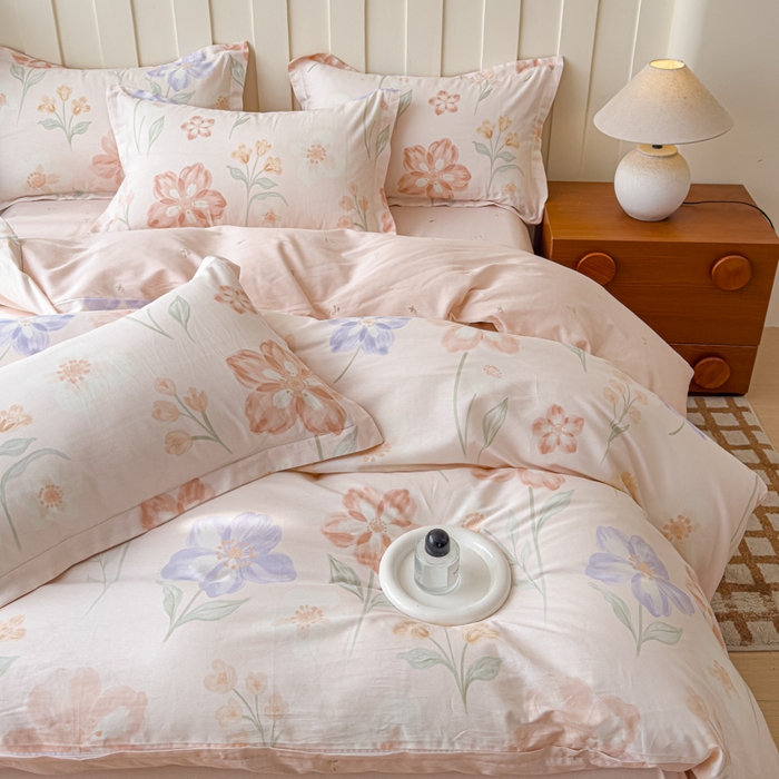 91家纺网 家纺一手货源 找家纺 U品汇 2026新品纯棉全棉印花四件套小清新卡通花卉13070喷气 雾里花眠-粉
