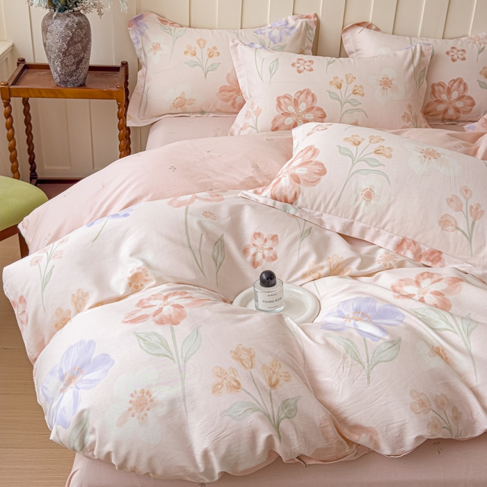 91家纺网 家纺一手货源 找家纺 U品汇 2026新品纯棉全棉印花四件套小清新卡通花卉13070喷气 雾里花眠-粉