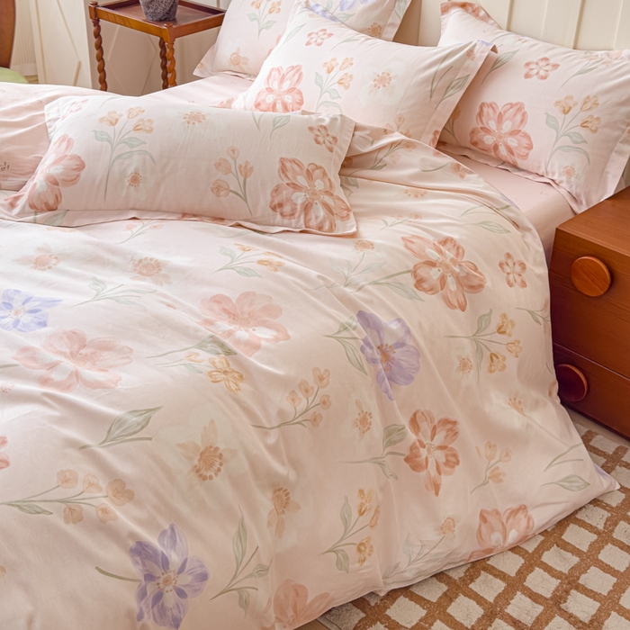 91家纺网 家纺一手货源 找家纺 U品汇 2026新品纯棉全棉印花四件套小清新卡通花卉13070喷气 雾里花眠-粉