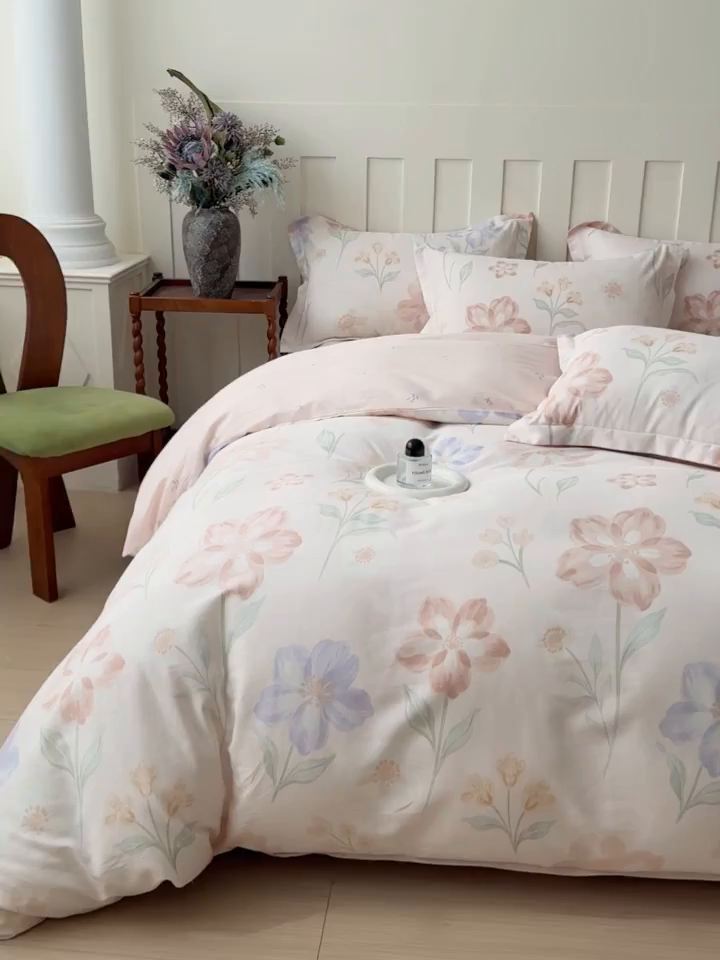 91家纺网 家纺一手货源 找家纺 U品汇 2026新品纯棉全棉印花四件套小清新卡通花卉13070喷气 雾里花眠-粉
