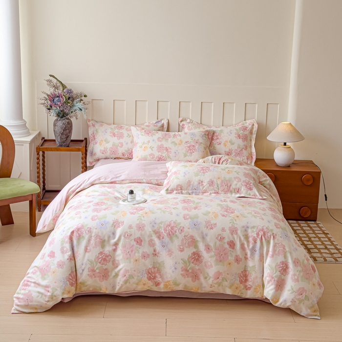 U品汇 2026新品纯棉全棉印花四件套小清新卡通花卉13070喷气 雾里浅花