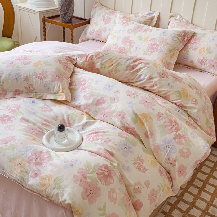 91家纺网 家纺一手货源 找家纺 U品汇 2026新品纯棉全棉印花四件套小清新卡通花卉13070喷气 雾里浅花