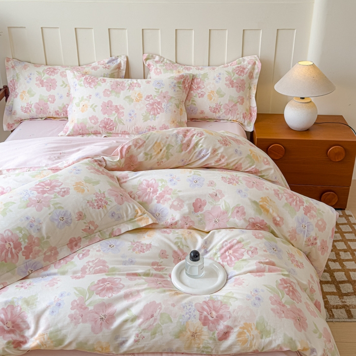 91家纺网 家纺一手货源 找家纺 U品汇 2026新品纯棉全棉印花四件套小清新卡通花卉13070喷气 雾里浅花