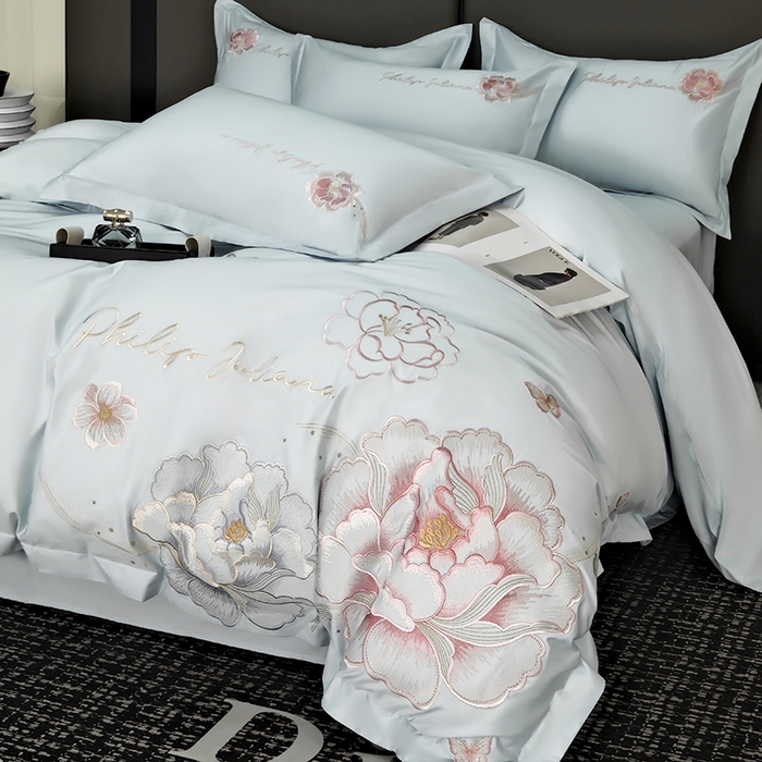 91家纺网 家纺一手货源 找家纺 女子家纺 2026新款A类新款新疆长绒棉澳棉高端全棉纯棉绣花四件套-花富贵 繁星蓝