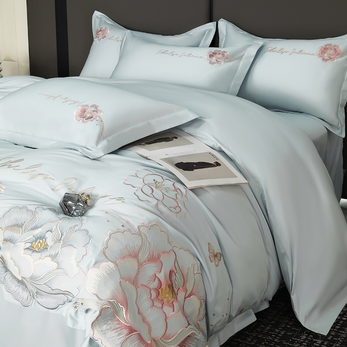 91家纺网 家纺一手货源 找家纺 女子家纺 2026新款A类新款新疆长绒棉澳棉高端全棉纯棉绣花四件套-花富贵 繁星蓝