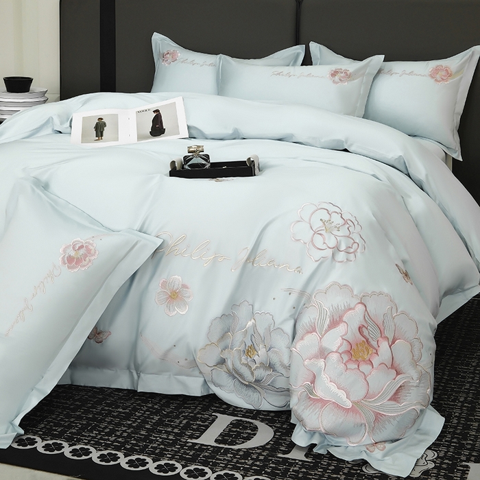 91家纺网 家纺一手货源 找家纺 女子家纺 2026新款A类新款新疆长绒棉澳棉高端全棉纯棉绣花四件套-花富贵 繁星蓝