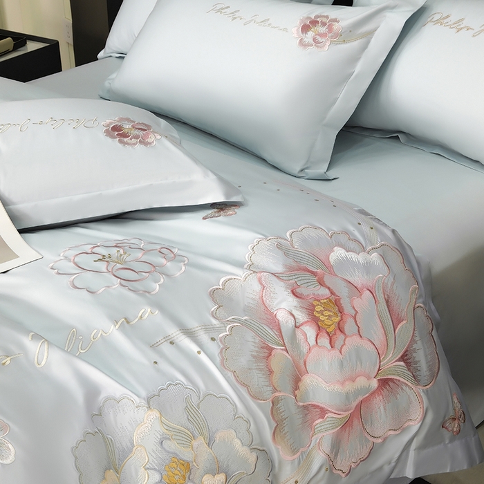 91家纺网 家纺一手货源 找家纺 女子家纺 2026新款A类新款新疆长绒棉澳棉高端全棉纯棉绣花四件套-花富贵 繁星蓝