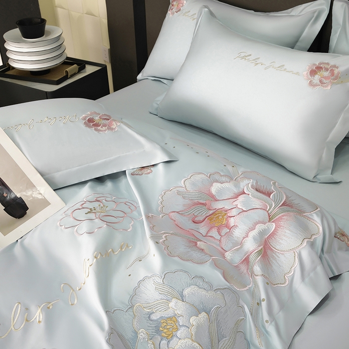 91家纺网 家纺一手货源 找家纺 女子家纺 2026新款A类新款新疆长绒棉澳棉高端全棉纯棉绣花四件套-花富贵 繁星蓝