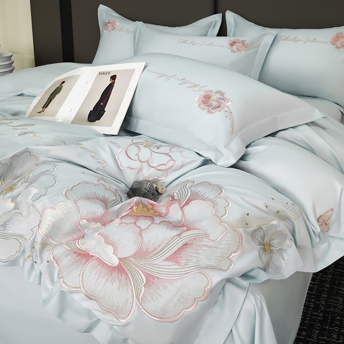 91家纺网 家纺一手货源 找家纺 女子家纺 2026新款A类新款新疆长绒棉澳棉高端全棉纯棉绣花四件套-花富贵 繁星蓝