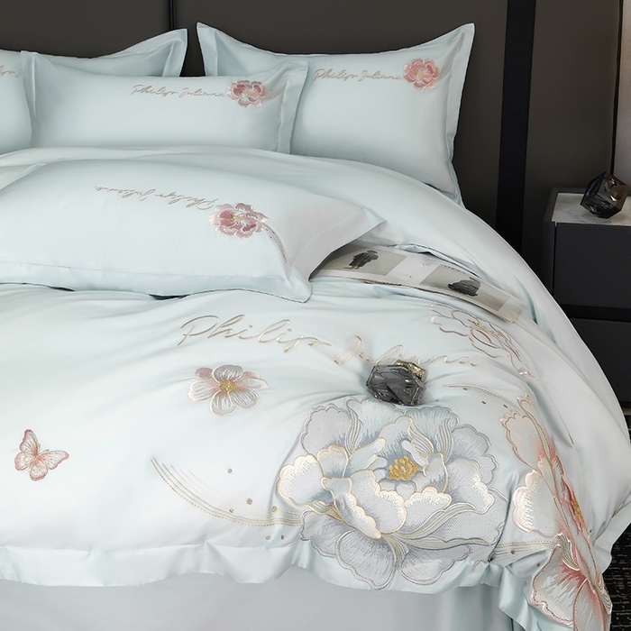 91家纺网 家纺一手货源 找家纺 女子家纺 2026新款A类新款新疆长绒棉澳棉高端全棉纯棉绣花四件套-花富贵 繁星蓝