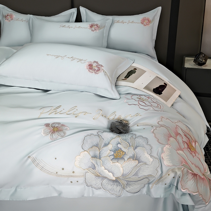 91家纺网 家纺一手货源 找家纺 女子家纺 2026新款A类新款新疆长绒棉澳棉高端全棉纯棉绣花四件套-花富贵 繁星蓝