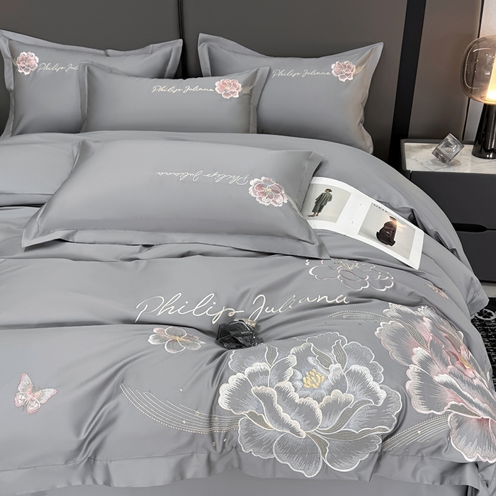 91家纺网 家纺一手货源 找家纺 女子家纺 2026新款A类新款新疆长绒棉澳棉高端全棉纯棉绣花四件套-花富贵 高级灰