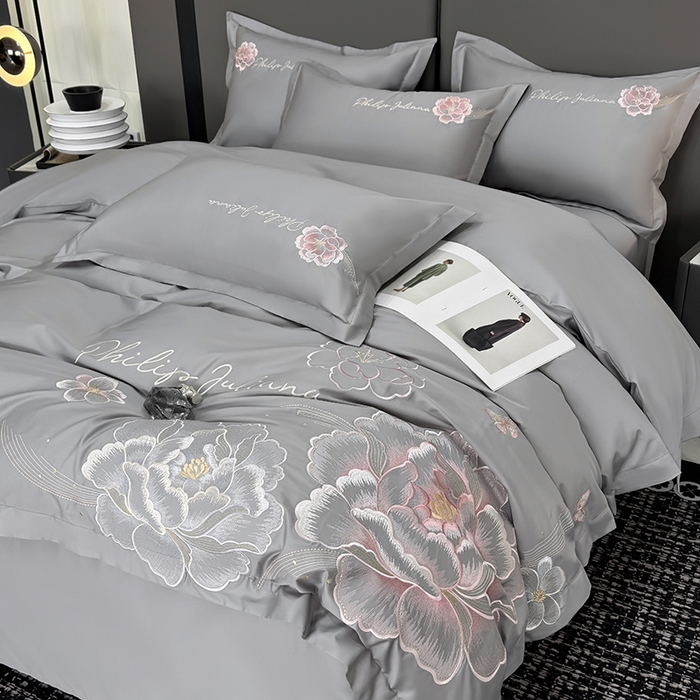 91家纺网 家纺一手货源 找家纺 女子家纺 2026新款A类新款新疆长绒棉澳棉高端全棉纯棉绣花四件套-花富贵 高级灰