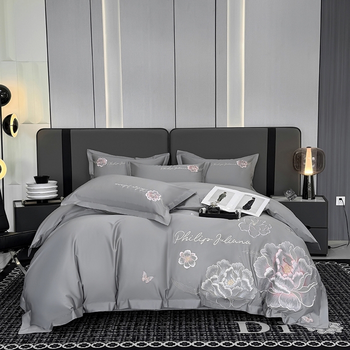 91家纺网 家纺一手货源 找家纺 女子家纺 2026新款A类新款新疆长绒棉澳棉高端全棉纯棉绣花四件套-花富贵 高级灰