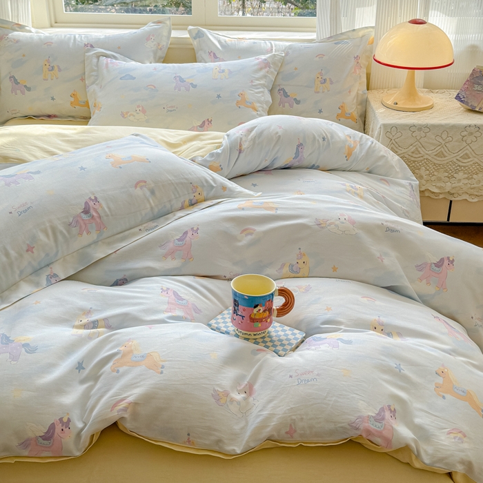 91家纺网 家纺一手货源 找家纺 U品汇 2026新品纯棉全棉印花四件套小清新卡通花卉13070喷气 星芒小马