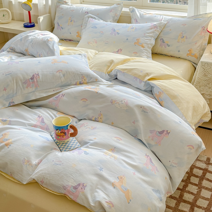 91家纺网 家纺一手货源 找家纺 U品汇 2026新品纯棉全棉印花四件套小清新卡通花卉13070喷气 星芒小马