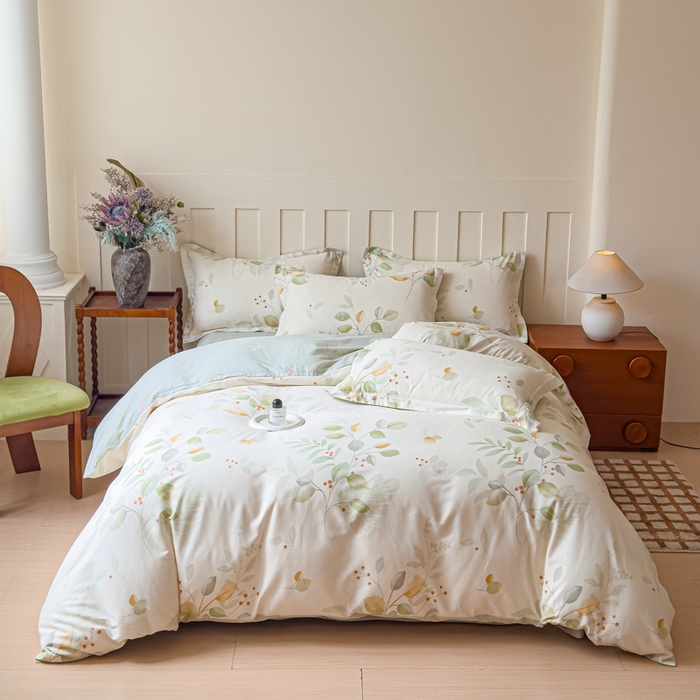 U品汇 2026新品纯棉全棉印花四件套小清新卡通花卉13070喷气 叶语枝眠