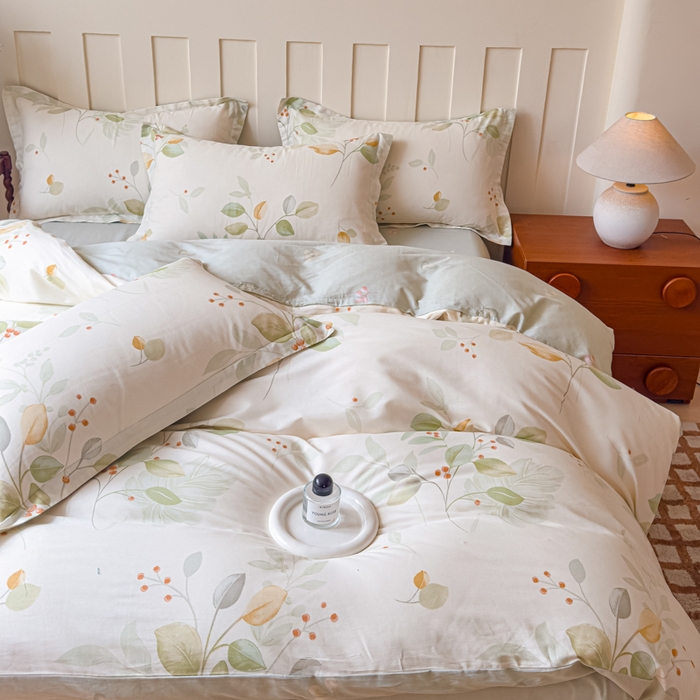 91家纺网 家纺一手货源 找家纺 U品汇 2026新品纯棉全棉印花四件套小清新卡通花卉13070喷气 叶语枝眠