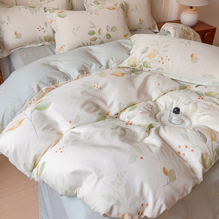 91家纺网 家纺一手货源 找家纺 U品汇 2026新品纯棉全棉印花四件套小清新卡通花卉13070喷气 叶语枝眠