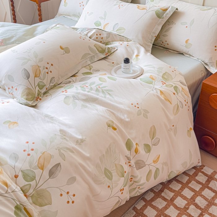 91家纺网 家纺一手货源 找家纺 U品汇 2026新品纯棉全棉印花四件套小清新卡通花卉13070喷气 叶语枝眠