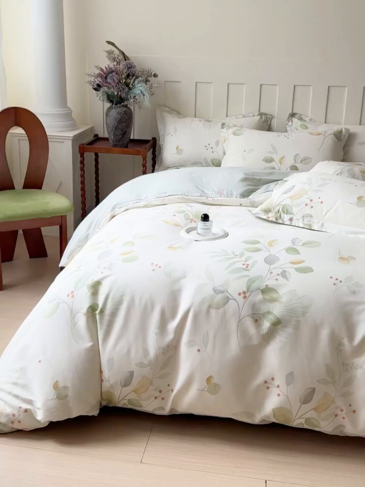 91家纺网 家纺一手货源 找家纺 U品汇 2026新品纯棉全棉印花四件套小清新卡通花卉13070喷气 叶语枝眠