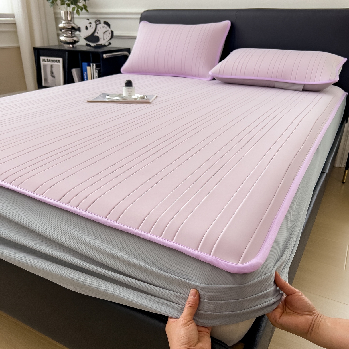 91家纺网 家纺一手货源 找家纺 丝羽坊 2026新款云朵凉感纯色小冰皮软凉席-床笠款 浅紫