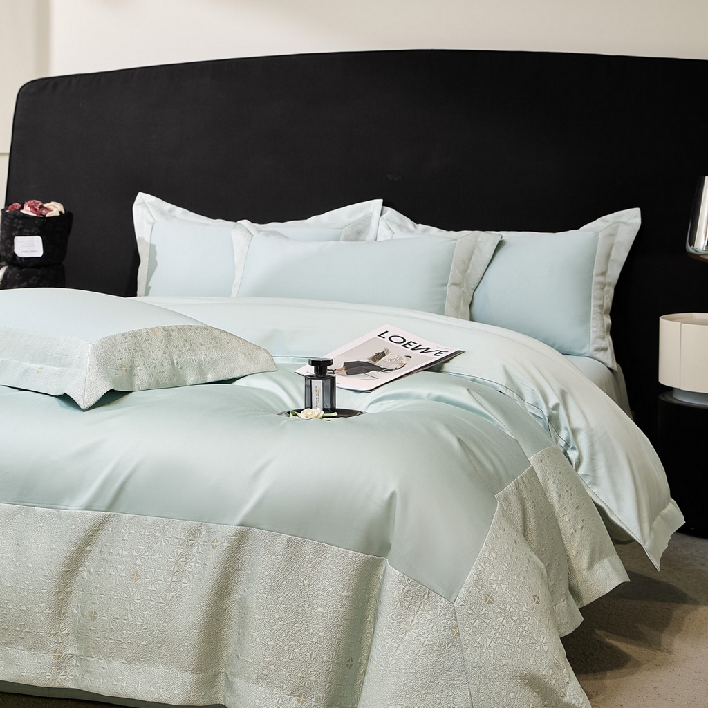 91家纺网 家纺一手货源 找家纺 （总）女子家纺 2026新款全棉烫花拼角100%长绒棉四件套-丽思兰顿