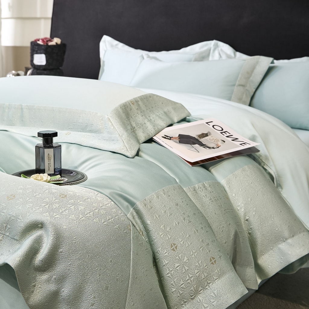 91家纺网 家纺一手货源 找家纺 （总）女子家纺 2026新款全棉烫花拼角100%长绒棉四件套-丽思兰顿