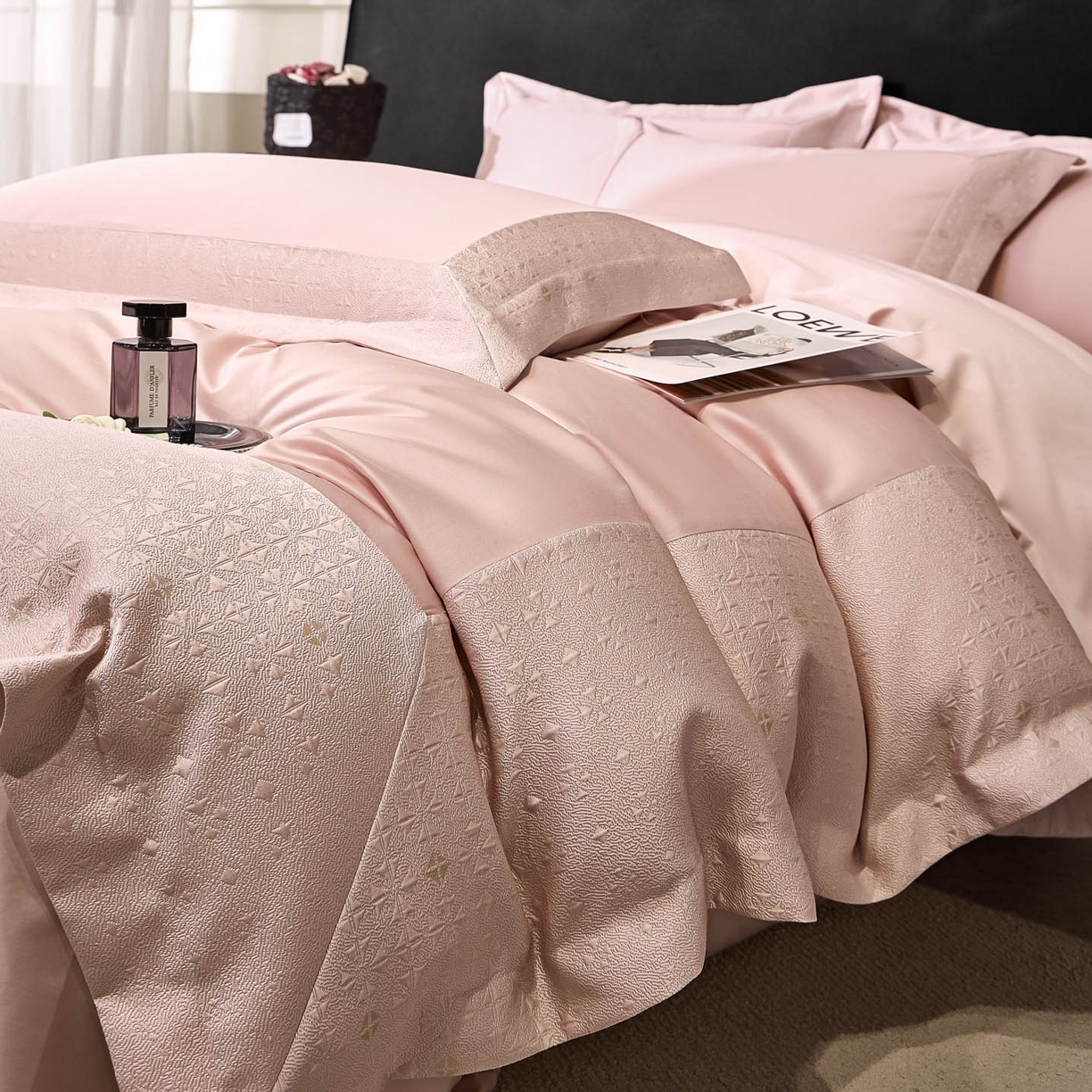 91家纺网 家纺一手货源 找家纺 女子家纺 2026新款全棉烫花拼角100%长绒棉四件套-丽思兰顿 1丽思兰顿-嫩粉色