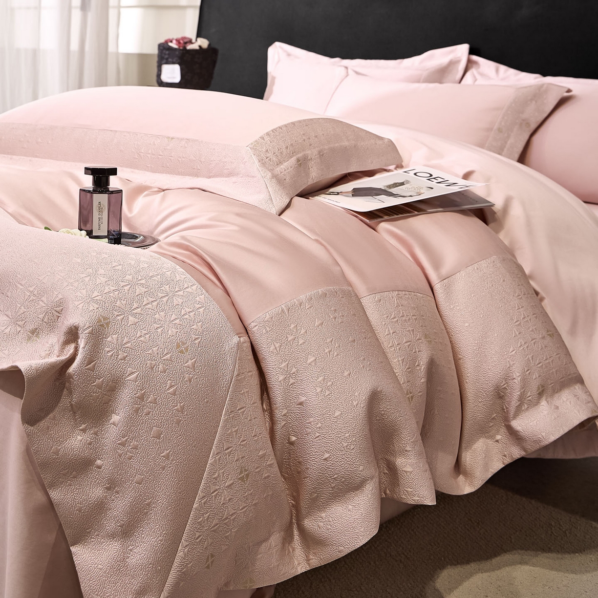 91家纺网 家纺一手货源 找家纺 女子家纺 2026新款全棉烫花拼角100%长绒棉四件套-丽思兰顿 1丽思兰顿-嫩粉色