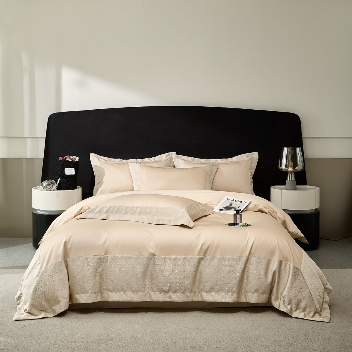 91家纺网 家纺一手货源 找家纺 女子家纺 2026新款全棉烫花拼角100%长绒棉四件套-丽思兰顿 2丽思兰顿-香槟色