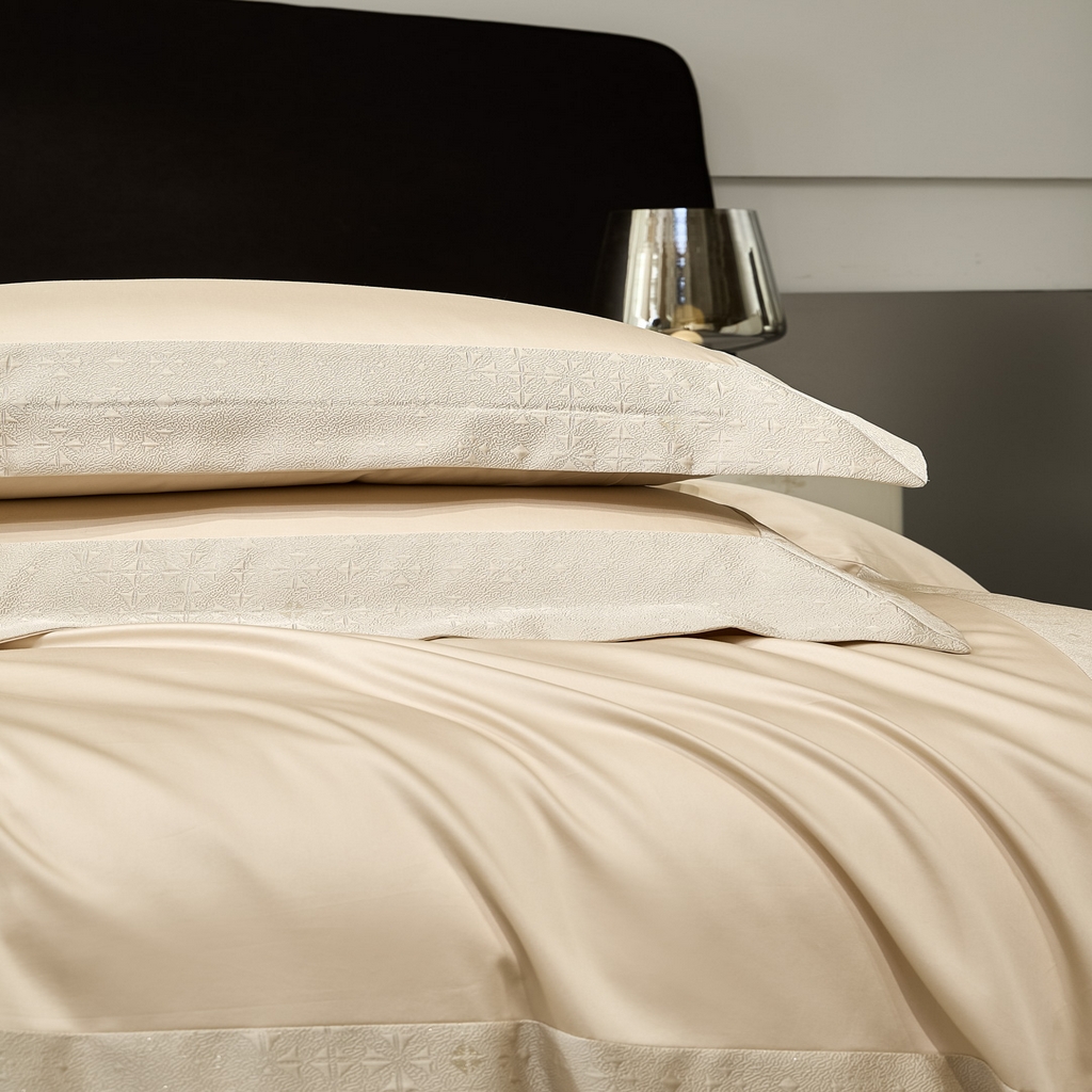 91家纺网 家纺一手货源 找家纺 女子家纺 2026新款全棉烫花拼角100%长绒棉四件套-丽思兰顿 2丽思兰顿-香槟色