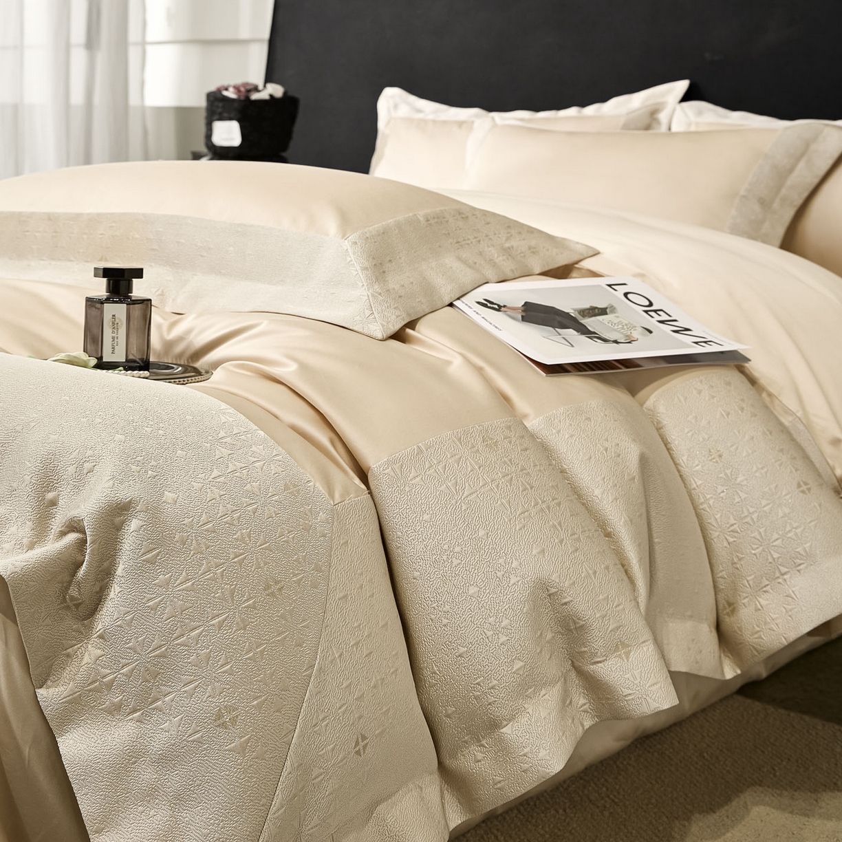 91家纺网 家纺一手货源 找家纺 女子家纺 2026新款全棉烫花拼角100%长绒棉四件套-丽思兰顿 2丽思兰顿-香槟色