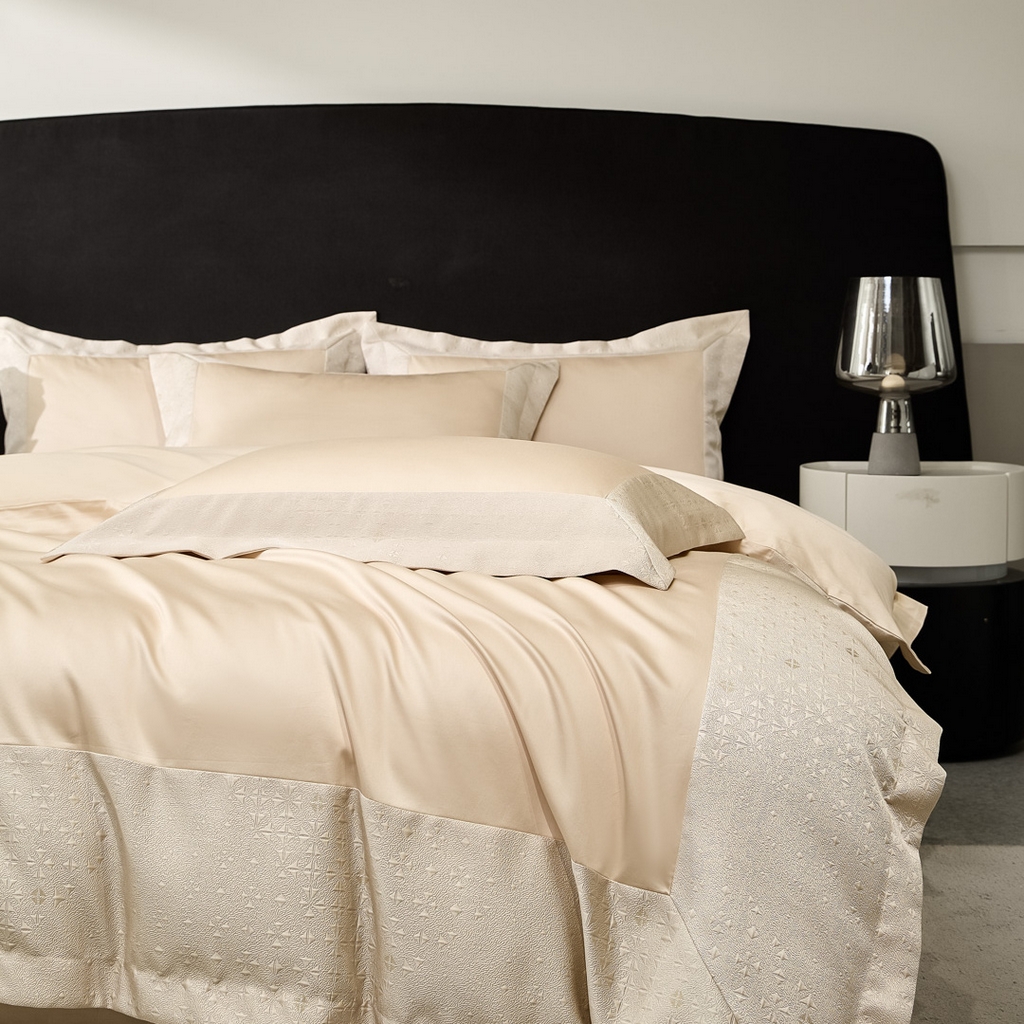 91家纺网 家纺一手货源 找家纺 女子家纺 2026新款全棉烫花拼角100%长绒棉四件套-丽思兰顿 2丽思兰顿-香槟色