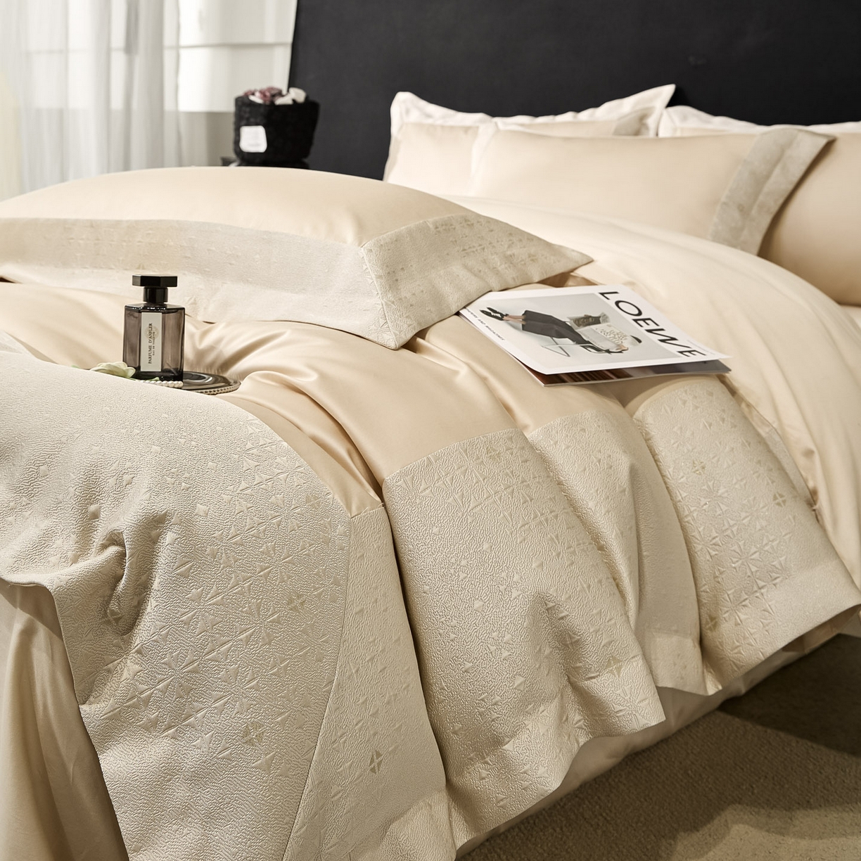 91家纺网 家纺一手货源 找家纺 女子家纺 2026新款全棉烫花拼角100%长绒棉四件套-丽思兰顿 2丽思兰顿-香槟色