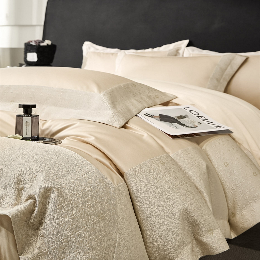 女子家纺 2026新款全棉烫花拼角100%长绒棉四件套-丽思兰顿 2丽思兰顿-香槟色