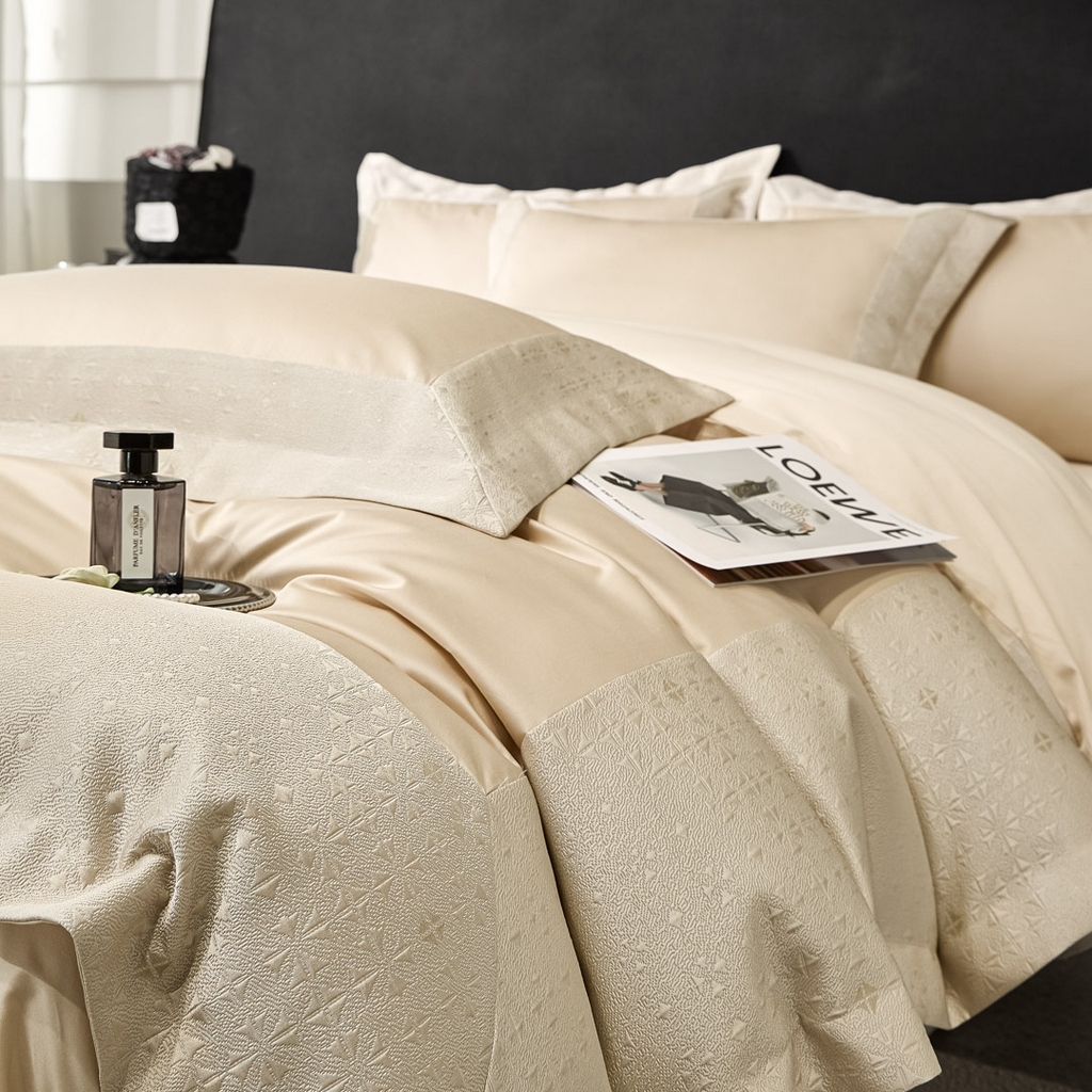 91家纺网 家纺一手货源 找家纺 女子家纺 2026新款全棉烫花拼角100%长绒棉四件套-丽思兰顿 2丽思兰顿-香槟色