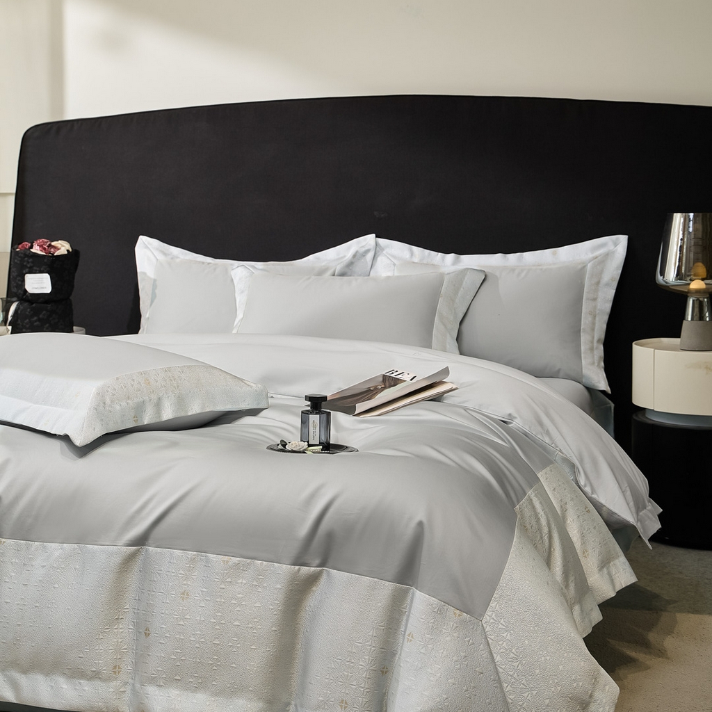 91家纺网 家纺一手货源 找家纺 女子家纺 2026新款全棉烫花拼角100%长绒棉四件套-丽思兰顿 3丽思兰顿-高级灰