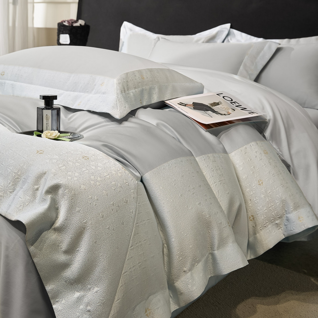 91家纺网 家纺一手货源 找家纺 女子家纺 2026新款全棉烫花拼角100%长绒棉四件套-丽思兰顿 3丽思兰顿-高级灰