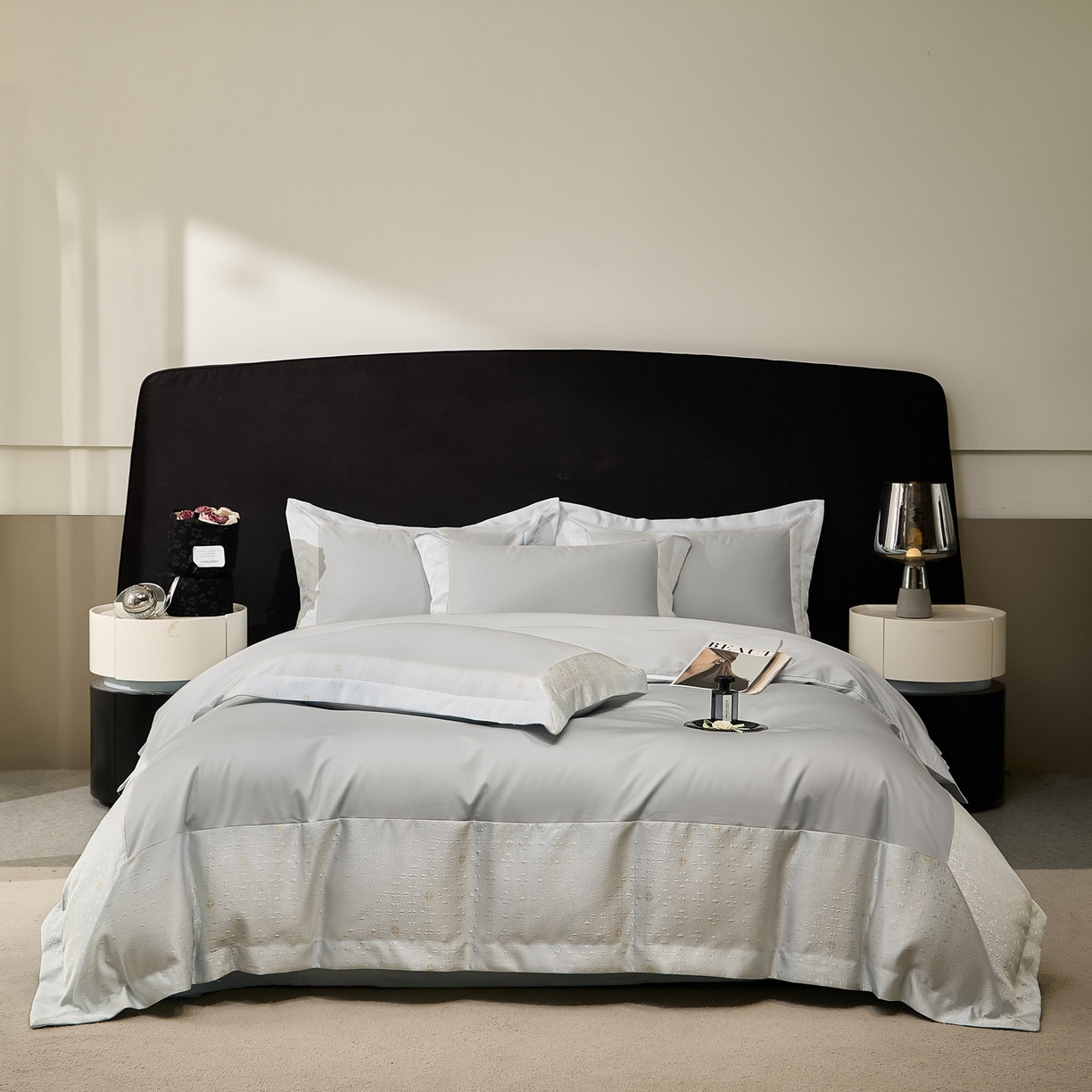 91家纺网 家纺一手货源 找家纺 女子家纺 2026新款全棉烫花拼角100%长绒棉四件套-丽思兰顿 3丽思兰顿-高级灰