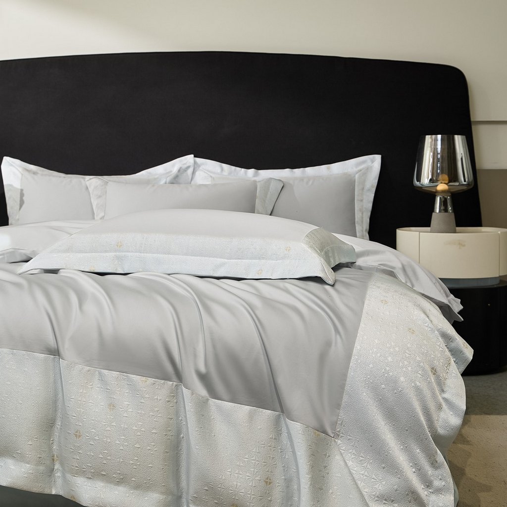 91家纺网 家纺一手货源 找家纺 女子家纺 2026新款全棉烫花拼角100%长绒棉四件套-丽思兰顿 3丽思兰顿-高级灰