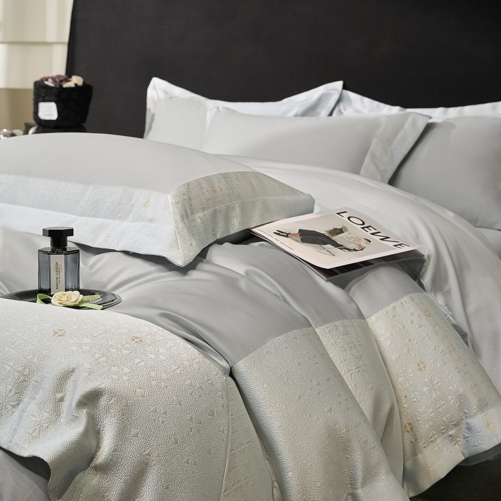 91家纺网 家纺一手货源 找家纺 女子家纺 2026新款全棉烫花拼角100%长绒棉四件套-丽思兰顿 3丽思兰顿-高级灰