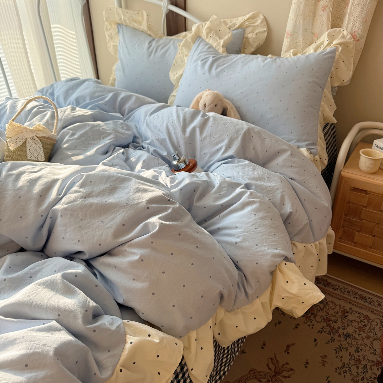 摩妮卡 2026春夏新款韩版公主风花边亲肤棉水洗棉印花四件套 海盐蓝波点