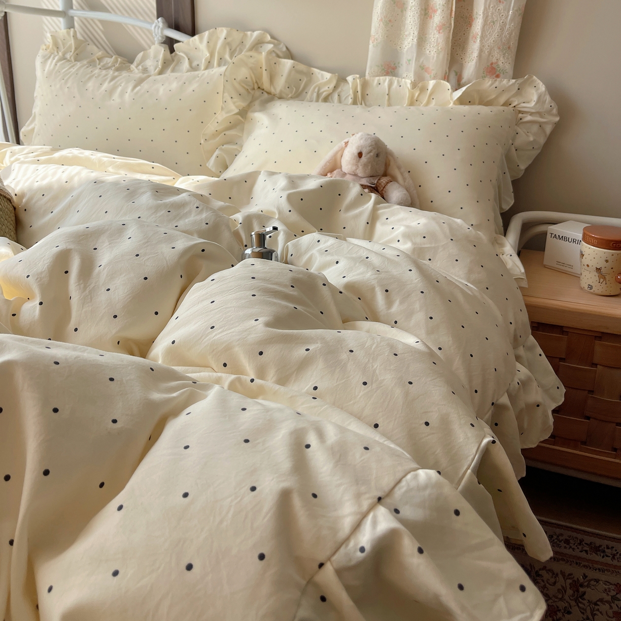 91家纺网 家纺一手货源 找家纺 摩妮卡 2026春夏新款韩版公主风花边亲肤棉水洗棉印花四件套 甜心波点